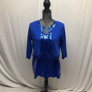 Denim 24/7 Blue Sequin Tank Top Cardigan Two Piece Set Womens Size Large Party